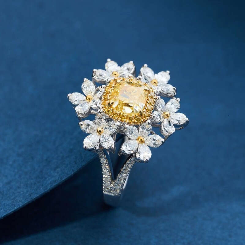 Light Luxury Imitation Colorful Yellow Diamond Six Flower Zircon Wedding Women's Ring