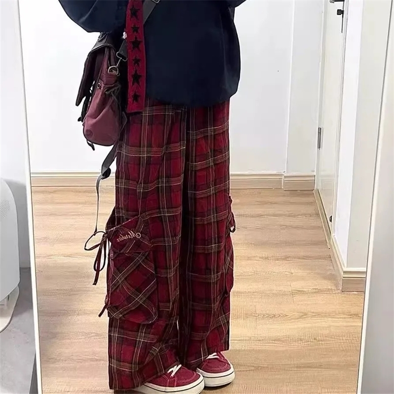 Red Plaid Casual Pants Mens Summer American Style Couple LooseFit StraightLeg Pants Draped Plus Size Pants 250920