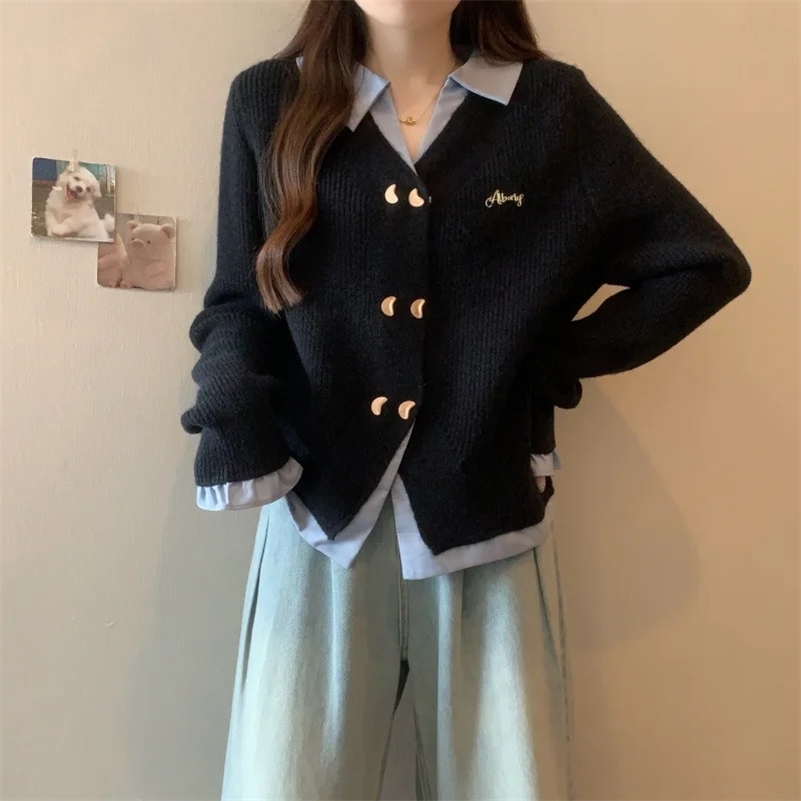Taille plus de polo à col polo tricot top twopiece illusion cardigan pweater jacket brodery ajustement en vrac automne-fin de l'automne 250920