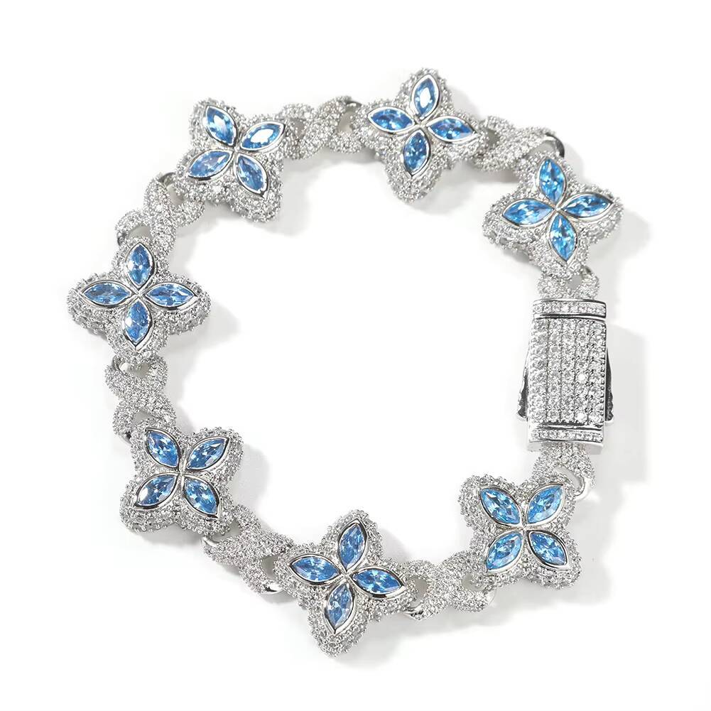 Fashion Hip Hop Jewelry 20mm Rose Gold Brass Diamond Colored Diamond Four Leaf Clover Infinity Link Bracelet