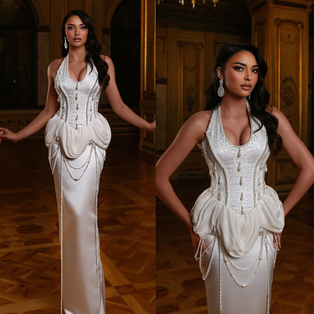 Elegant Evening Dresses Halter Pearls Prom Gowns Tassel Sequins Sleeveless Princess Floor Length Customized Vestidos De Noche Plus Size