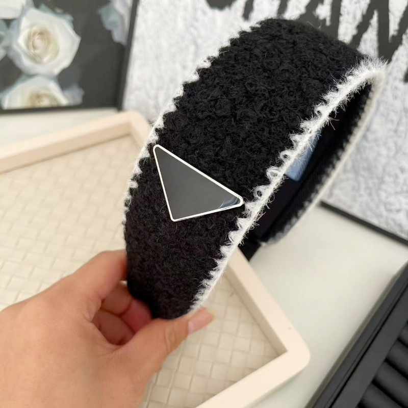Luxury Hand Woven Headband for Women, Letter Metal Headband, Black and White Lambhair Headband, High-quality-image-1076193367