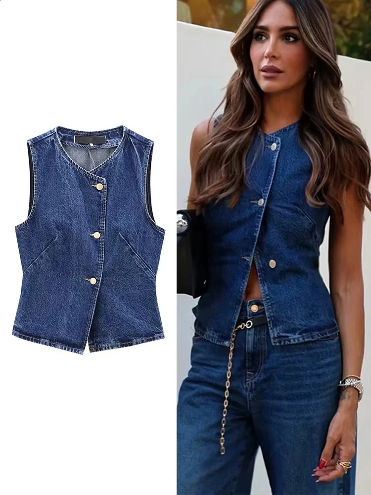2025 Womens Short Vest Autumn Fashion Blue Denim Vest Top Lady Casual Cropped Sleeveless Jacket Streetwear Waistcoats250920