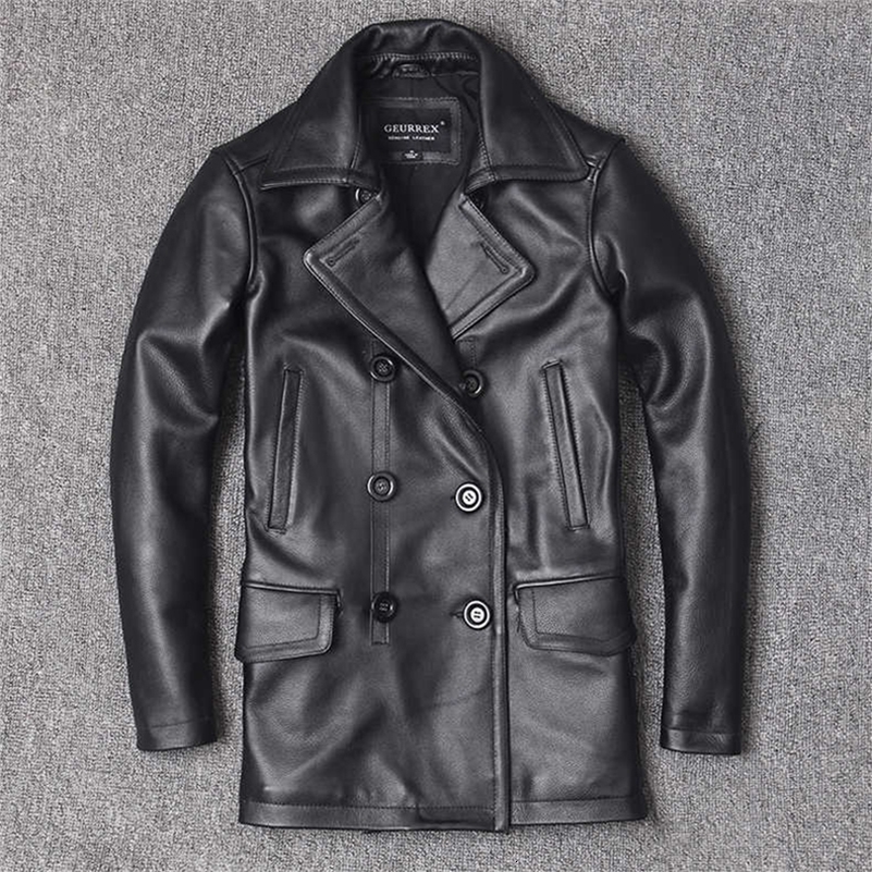 Veste en cuir authentique pour hommes couches de veste de veste de vache Midlengle Length mens veste Slimfit à ventre de ventre double 250920