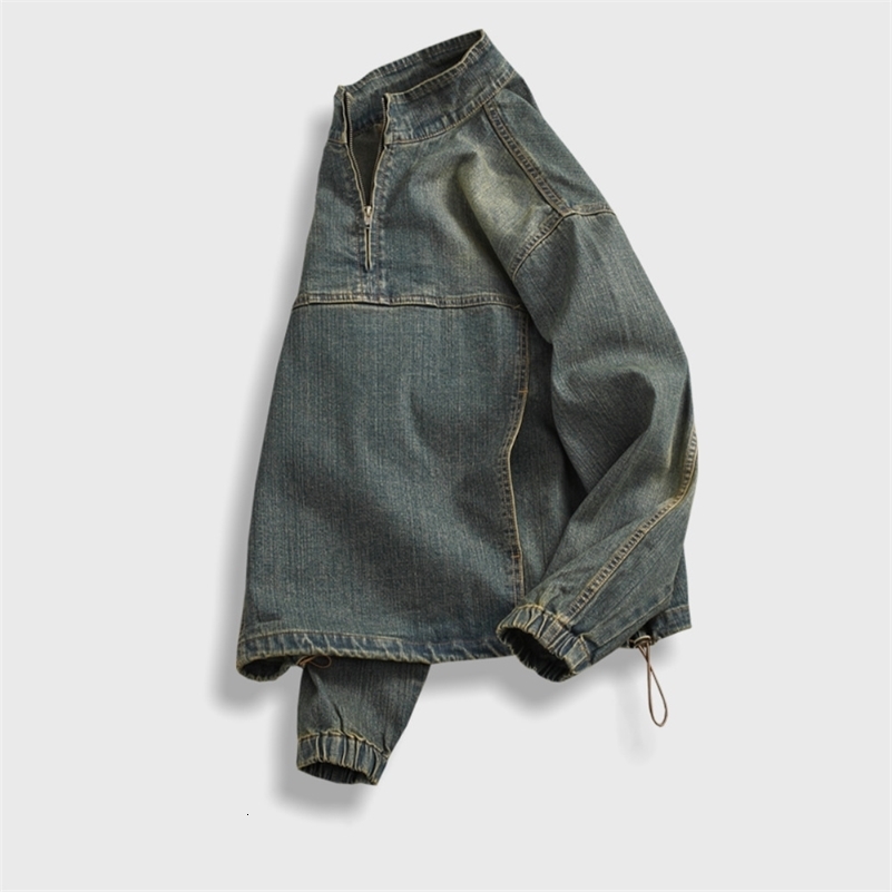 High street American denim top for men Spring Fall vintage do old wash pullover jacket Loose INS stand collar coat 250920