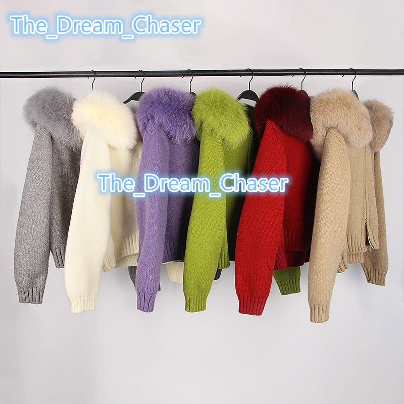 Colorful Wool Knitted Cardigan With Real Fox Fur Collar Hooded Women Fur Sweater Coat Ladies Short Jacket