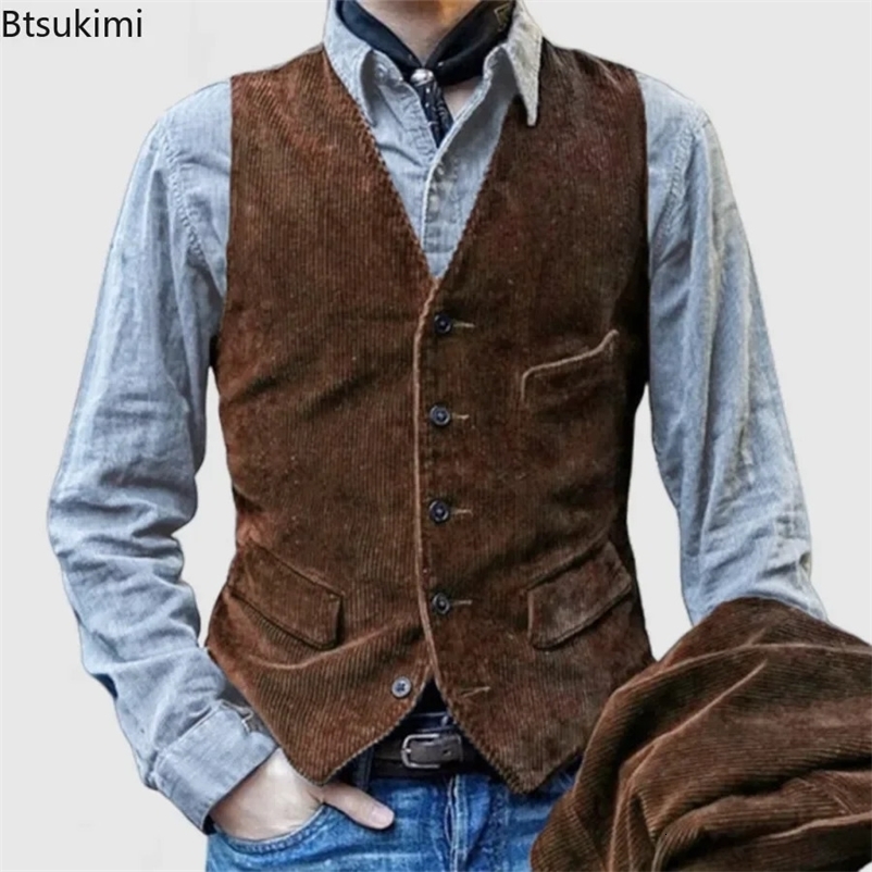 Mens Vintage Vests British Style Corduroy Vest Casual Coats Fashion Singlebreasted Sleeveless Jacket for Man Formal Waistcoat y250920
