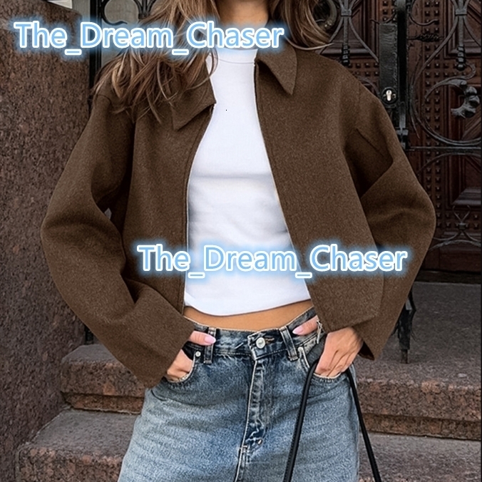 2025 Autumn High Street Cool Womens Short Coat Brown Lapel Long Sleeve Ladies Coat Simple Warm Brown Jacket for Lady