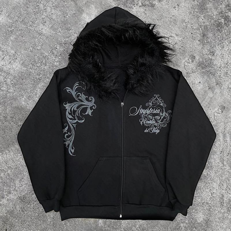 Collier de fausse fourrure foncé harajuku punk y2k zip à sweat à capuche high street crâne à sweat à sweat hop hop top gothique rétro