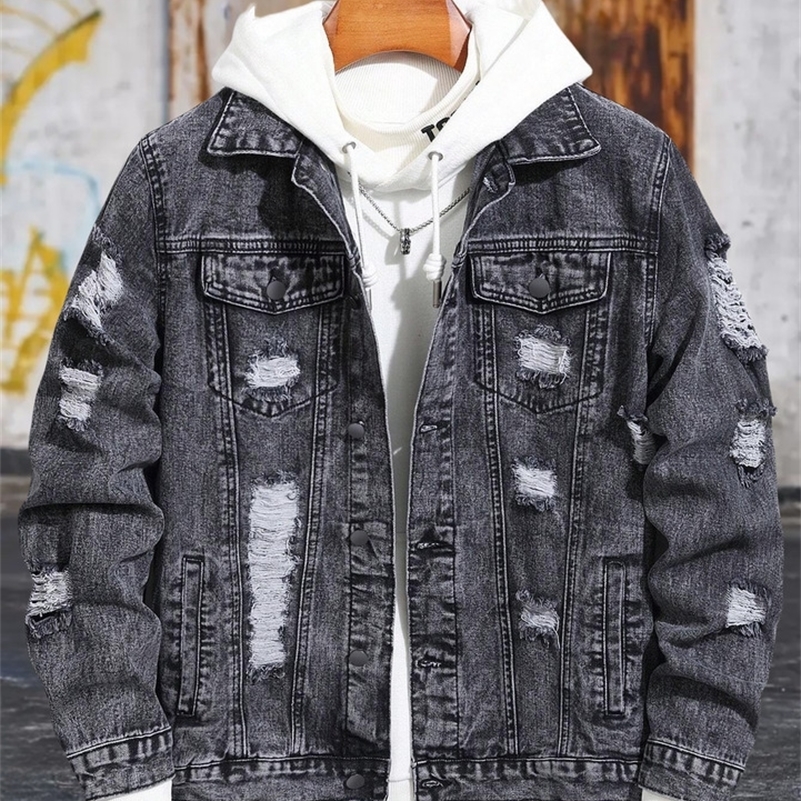 1PC Mens casual selling black distressed stoashed flight jacket daily American street fashion denim jacket 250920