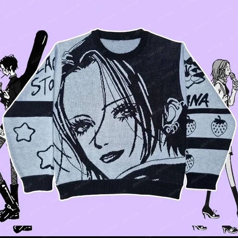 Y2K Harajuku Cartoon Girl Pattern sweater Japanese Anime Womens Loose Long sleeve pullover Goth Retro 2000s Sweater Sweatshirt 250920