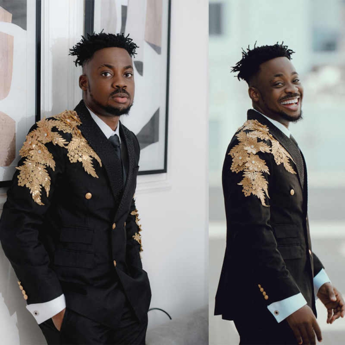 Luxury Gold Applique Men Suits 2 Pieces Jacket Pants Peaked Lapel Tuxedos Wedding Groomsmen Party Formal Dress Customized