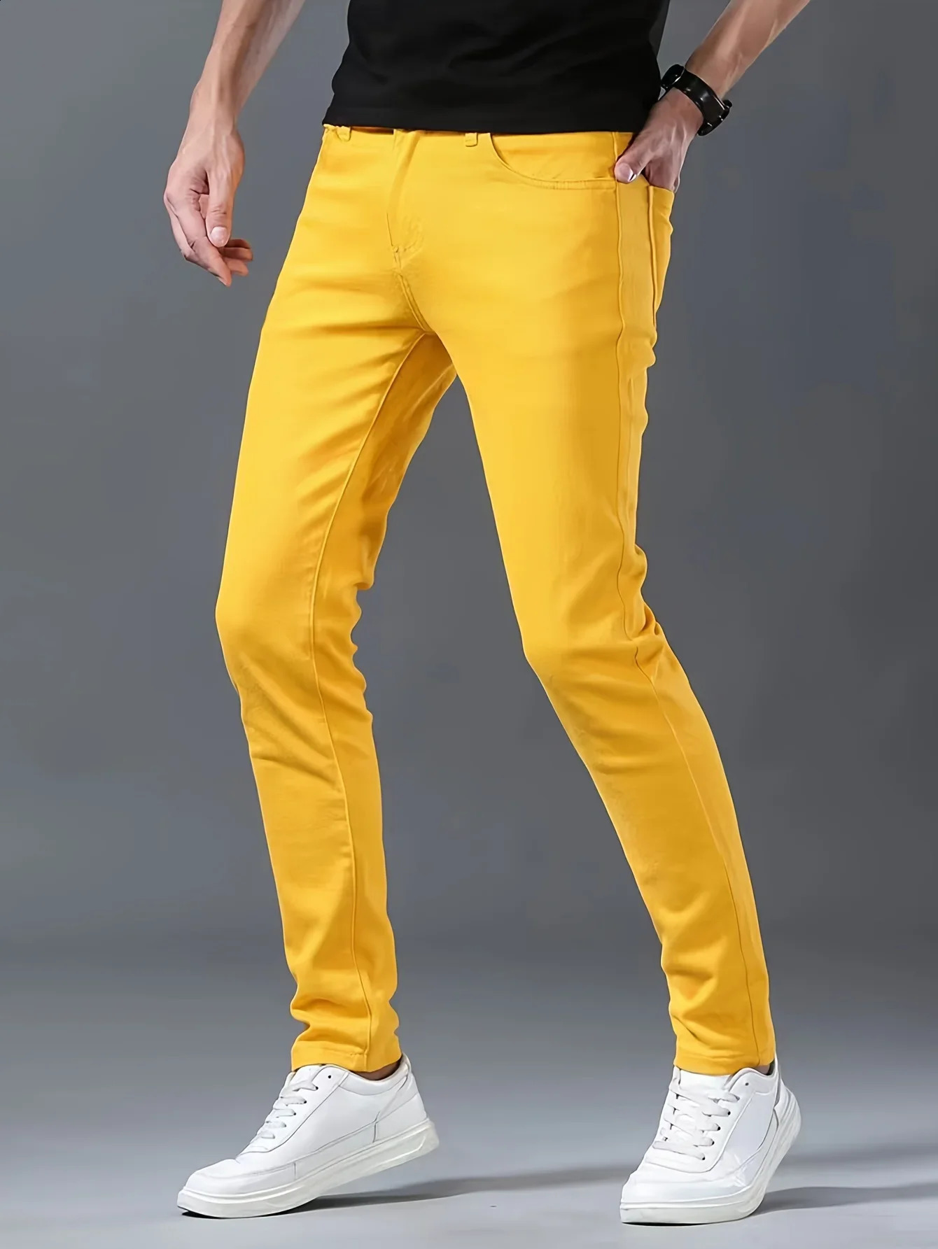 Washed Fashion Yellow Jeans Men Casual Business Cotton Elastic Slim Fit Skinny Trousers Male Clothing Classic Denim Pants 250920