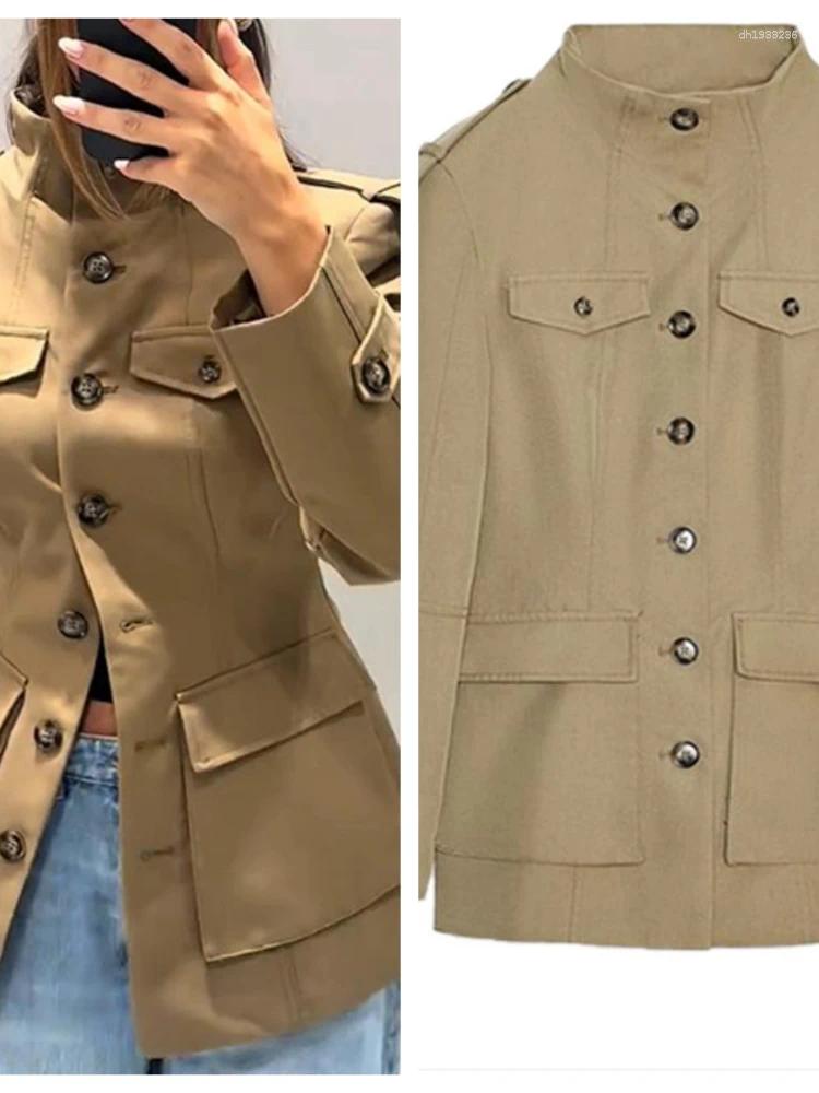 Women's Jackets Solid Stand Collar Single Breasted Women Elegant Big Pockets Waist Cinching Coat Lady Early Autumn Chic Casual Outwear
