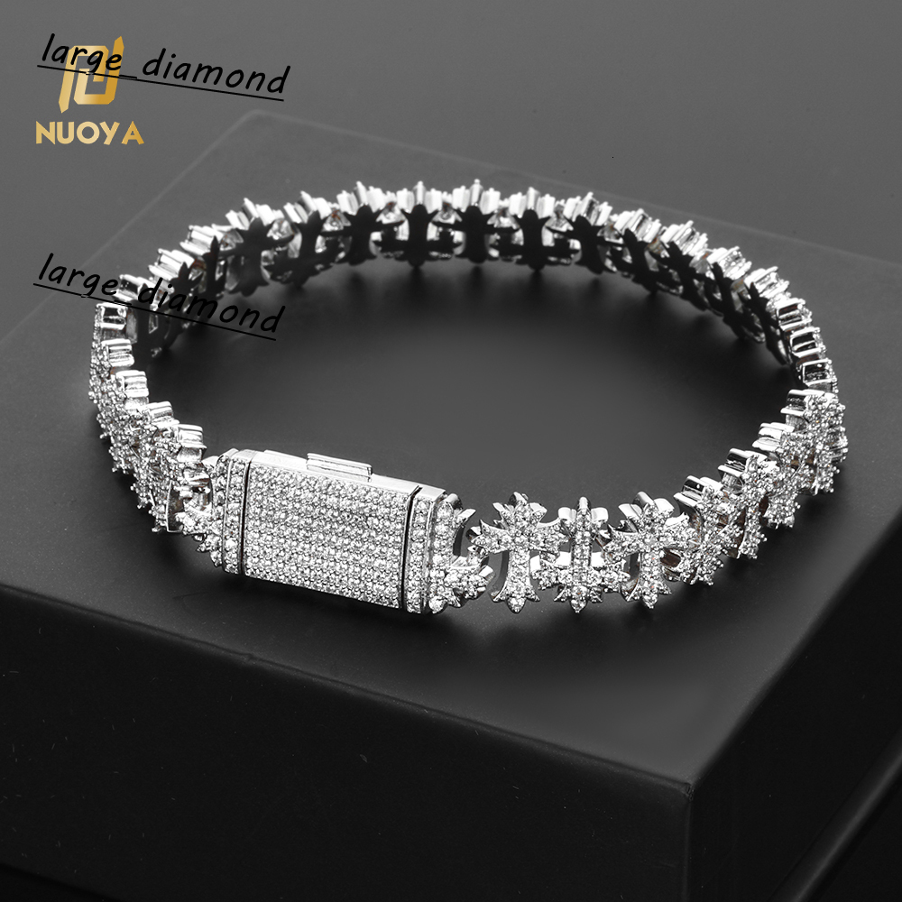11MM Brass Iced Out Bling Cross Design Bracelet Silver Plated Link Chain Fine Jewelry Gift for Women