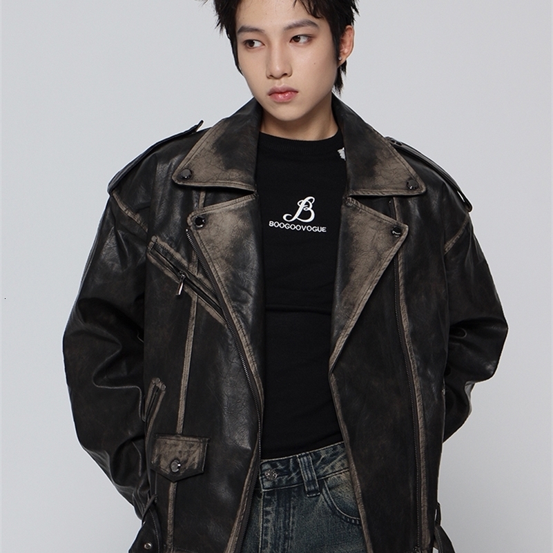 Mauroicardi Spring Cool Handsome Vintage Distressed Black Pu Leather Biker jacket Men Belt Zipper Loose Unisex Clothes 250920