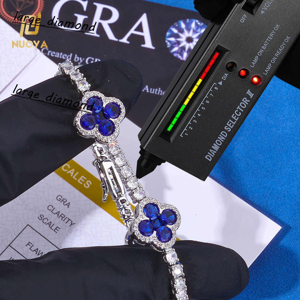 Femmes 925 Bracelet de chaîne de tennis en argent sterling Ensemble Iced Out VVS Moisanite Four Leaf Clover Fine Hip Hop Bijoux