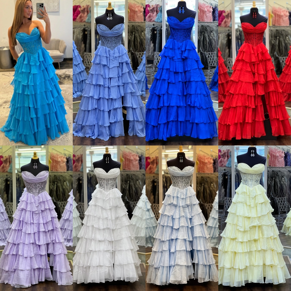 Perwinkle Prom Queen Robe dentelle Applique corset mousseline de mousseline à volants Slit Long College Soirée formelle Lady Pageant Charity Gala