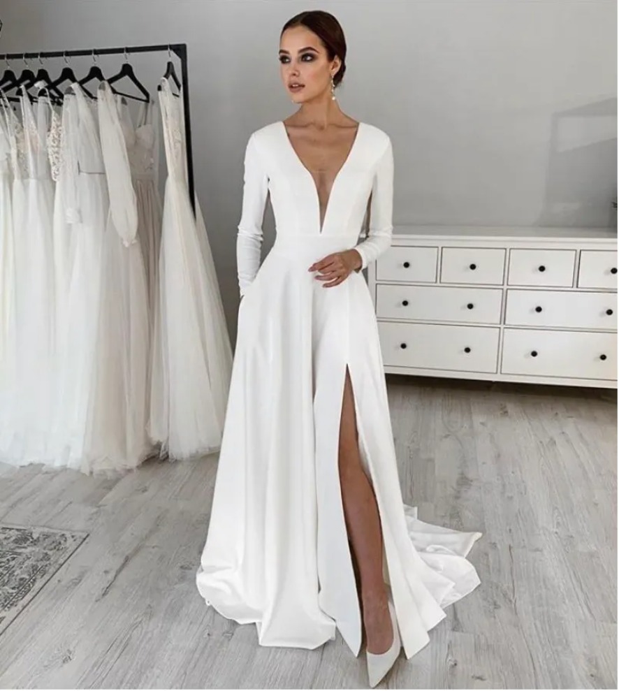 Autumn Stretch Satin V Neck Wedding Dress Party Dresses Long Sleeves Robe De Soiree Bride to be Gowns 0922