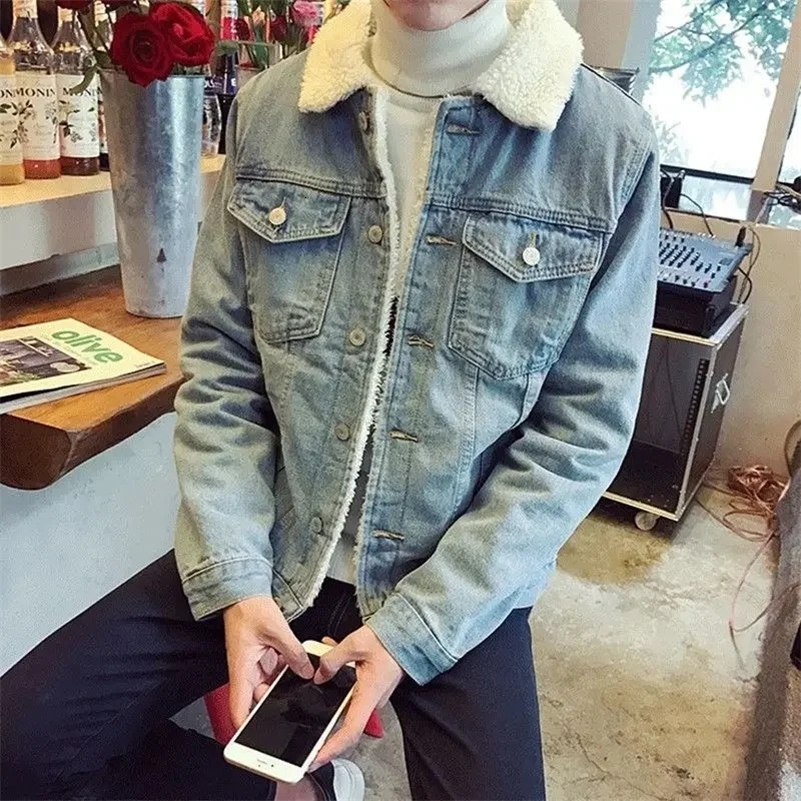 Jeans Coat for Men Slim Fit Denim Jackets Man Warm Wool Black Padded with Sheep Padding Menswear High Quality Fashion Clothing G 250920
