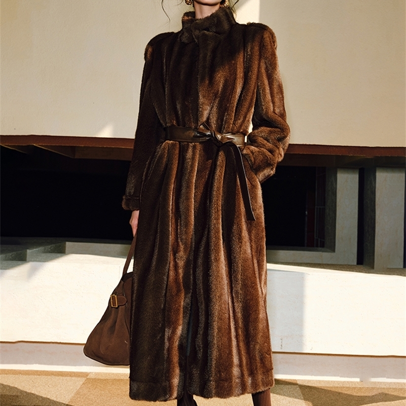 Lautaro Spring Winter Long Soft Thick Warm Brown Faux Mink Fur Coat Women High Quality Elegant Chic Fluffy Overcoat 2025 250920