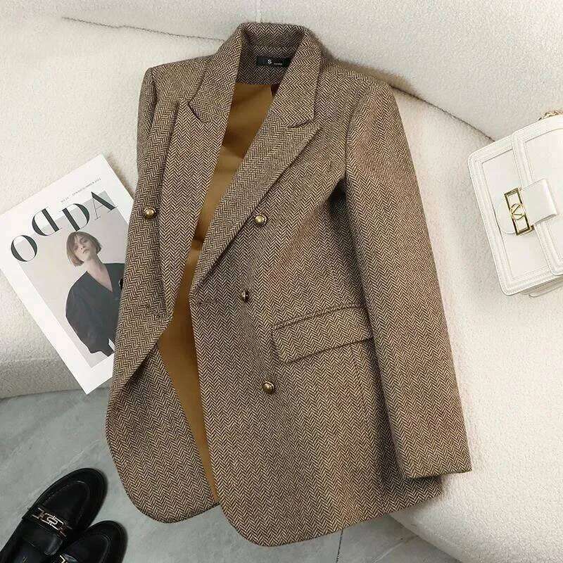 Designer Clothing 2025 Autumn Winter New Blazer Coats Women's Woolen Jackets Long Sleeve Notched Vintage Thick Outerwears Elegant Female Clothe