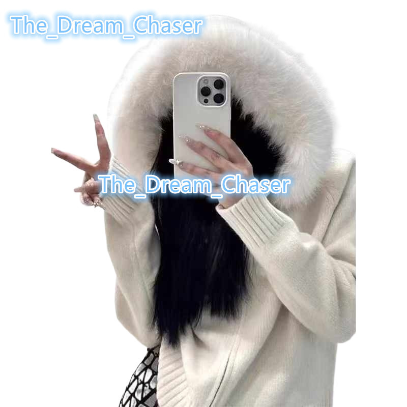 Factory Wholesale Womens Knitted Cardigan Sweaters Winter Solid Pattern Short Sweaters with Big Fur Collars Hoods Zippers