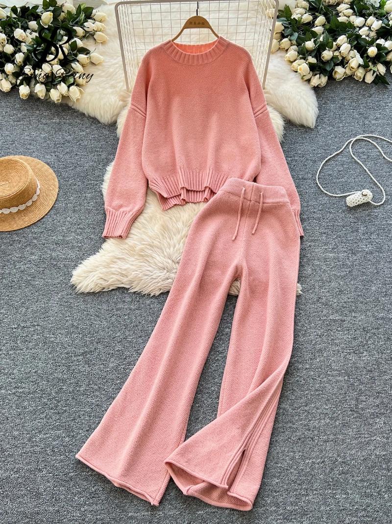 Women's Two Piece Pants SINGREINY Autumn Loungewear Casual Suits Female Solid Pullover Elastic Split Long Pant High Street Loose Sweater