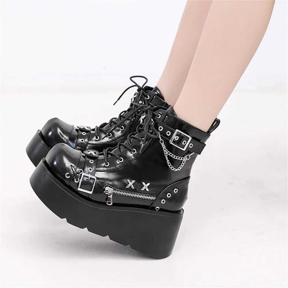 Brand New Ladies Goth Platform Ankle Boots Fashion Buckle Zip Rivet Punk Wedges High Heels Womens Boots Party Street Woman Shoes W250922