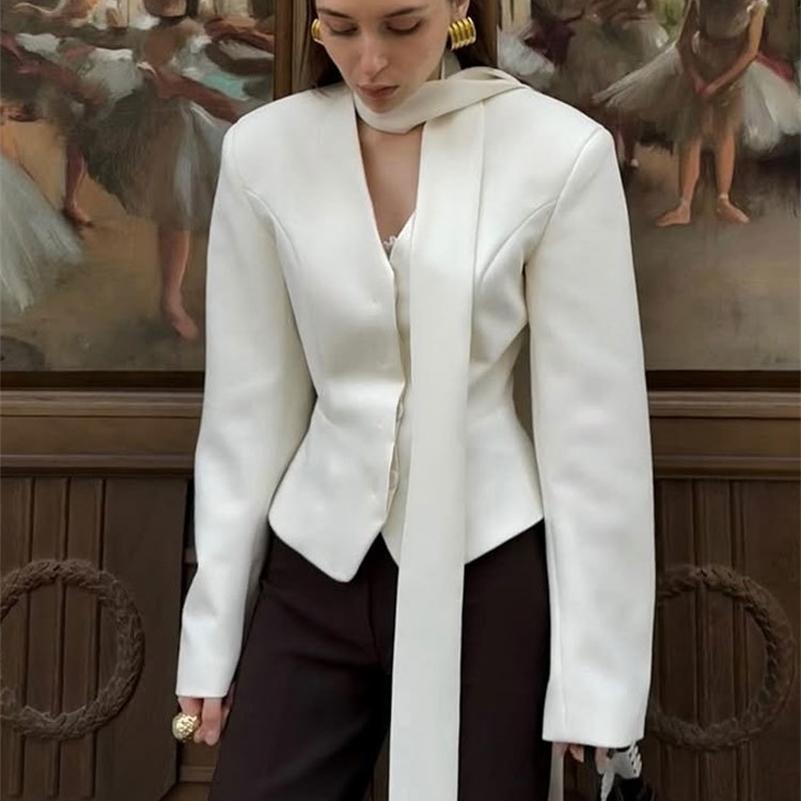 Tossy Elegant Female Striped Suit Coat For Women Scarf LaceUp Patchwork VNeck Long Sleeve Outwear Jackets y250920