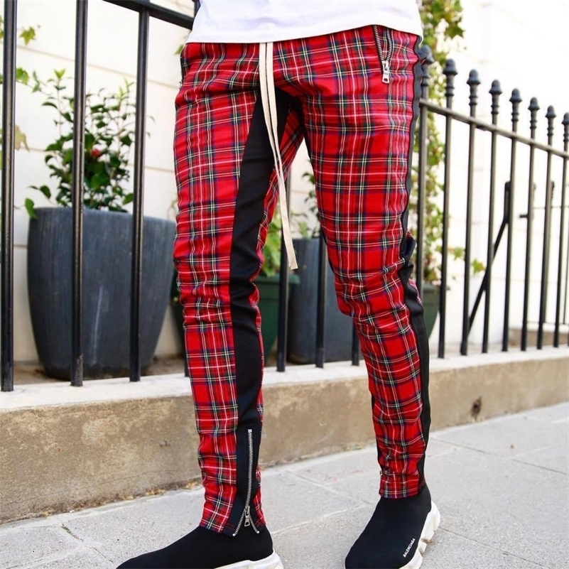 Mens spring and summer fashion casual pants color matching digital print plaid sports pants pant leg with zipper fitness pants 250920