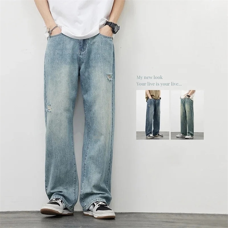 Korea Baggy Jeans Mens Vintage Straight Ripped Y2k Pants Fashion Frayed High Street Distressed Denim Trousers Male Clothes 250920