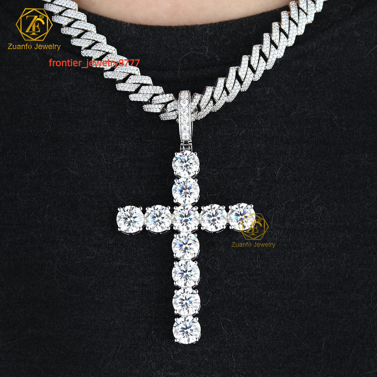 Hiphop 10 mm Moissanite croix pendentif or blanc plaqué brillant glace out 925 STERLING Silver Moissanite Pendant