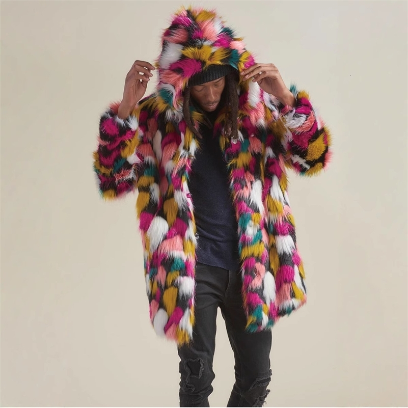 2025 Winter Warm Colorful Faux Fur Patchwork Long Coat Hooded Jacket Man Fashion Elegant Faux Fox Fur Coat Outerwear 250920