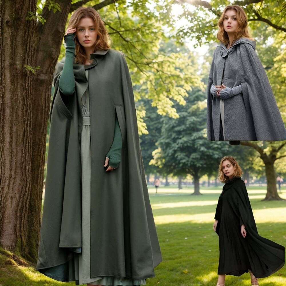 Cross-Border European and American Five-Color Hooded Shawl Extra Long Halloween Cloak Cosplay Woolen Coat for Women