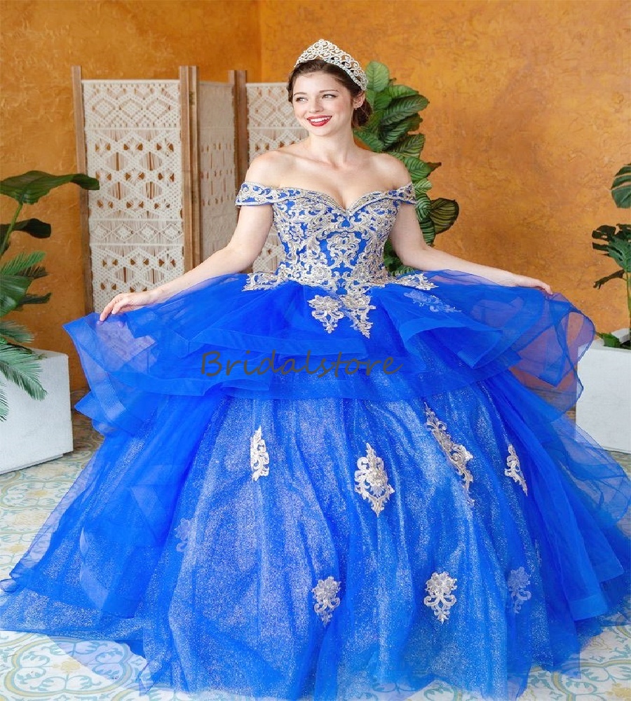 Robe de quinceanera bleu princesse 2025 Robe à balle en dentelle à plusieurs niveaux