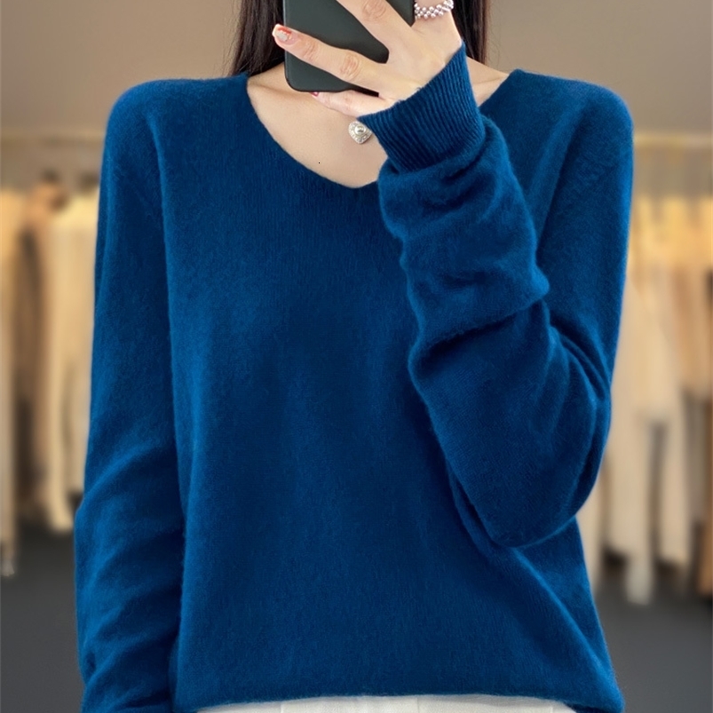 100 Merino Wool Womens Sweater VNeck Long Sleeve Pullovers Autumn Winter Basic Jumper Cashmere Knitwear Warm Female Clothing y250920