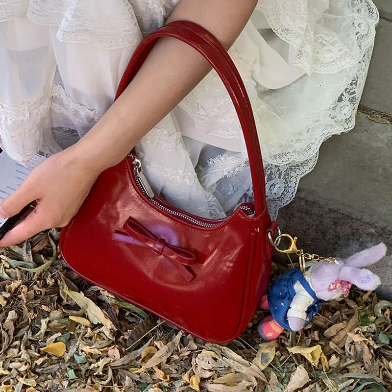 Korean Style Red Bow Handbag for Women, Wedding Niche High-End Feel, Underarm Bag, 2025 New Simple Shoulder Bag