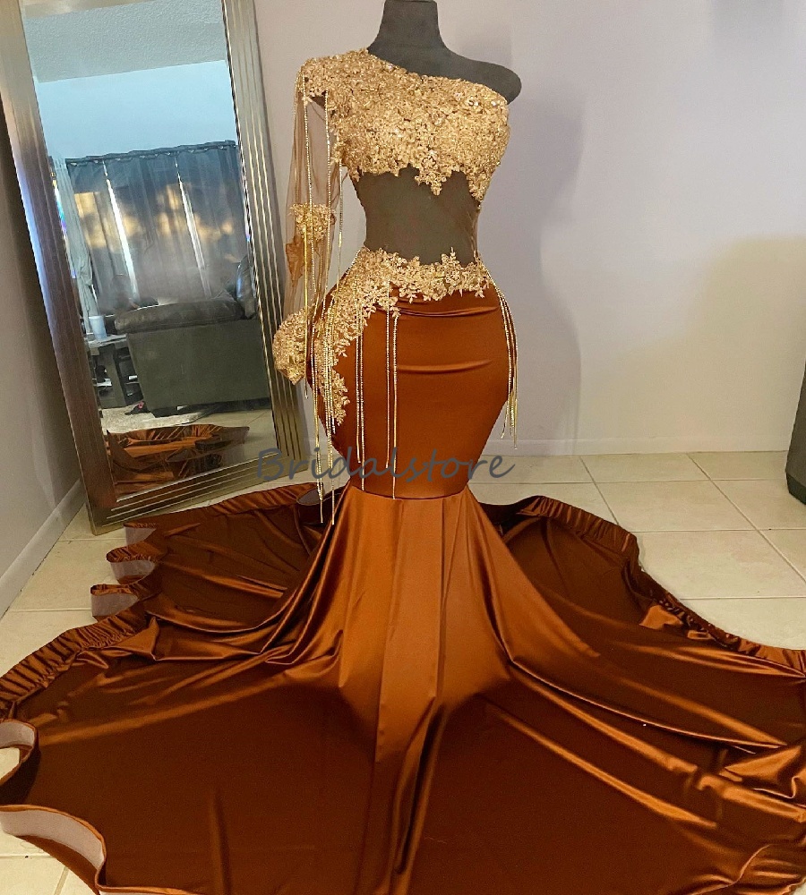 Sexy Tan Black Girls Prom Dress With One Shoulder Long Sleeve Mermaid Nigerian Evening Dress 2025 Lace Birthday Party Dress Elegant Vestio De Gala