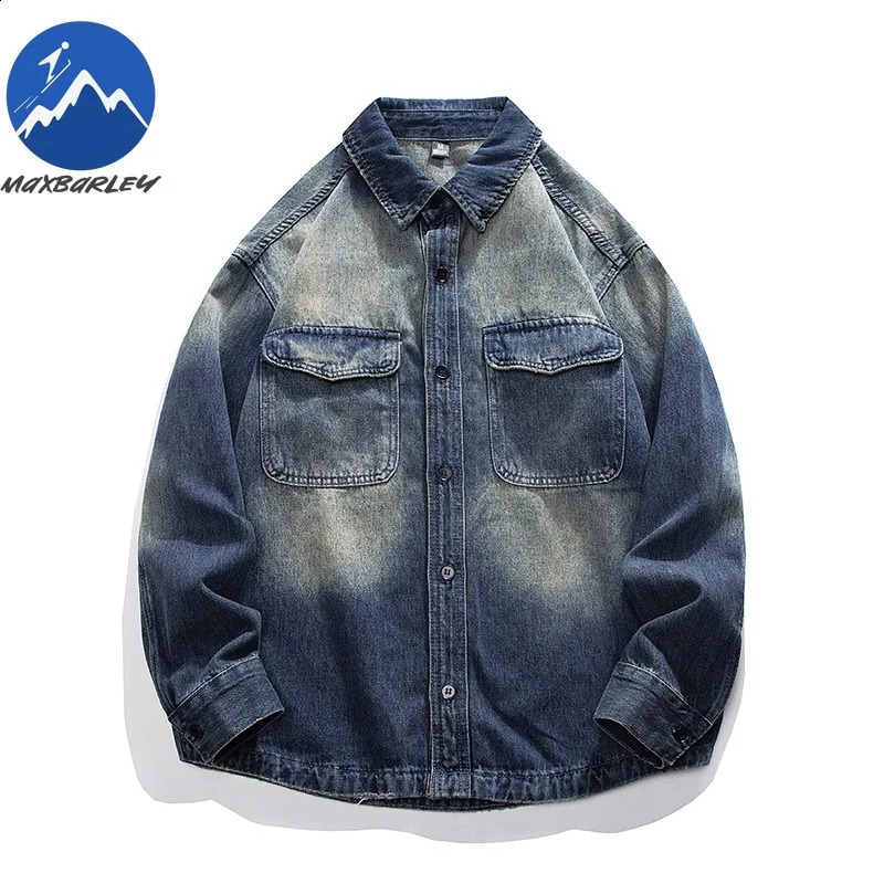 Maxbarley Mens Cotton Denim Jacket Retro Gradient Color Y2k Fashion Washed Coat Street Hip Hop Style Blue Motorcycle Jackets 250920