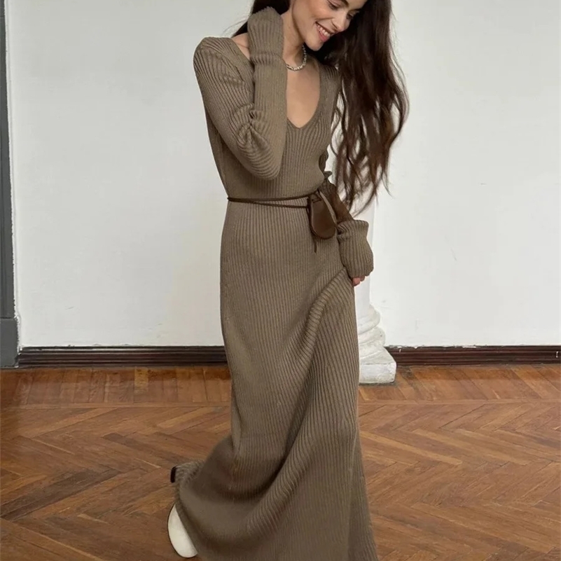 Blubelle Womens Solid Color Long Sleeve Vneck Slim Bodycon Knitted Maxi Dress Trendy Elegant Fashion Dresses 250920