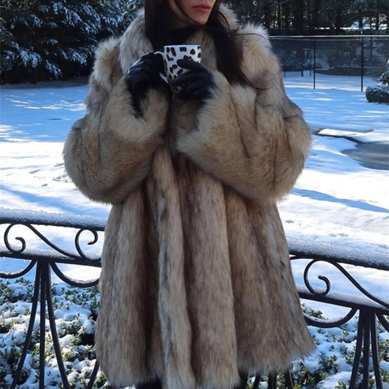 Winter Lady Luxurious Lapel Faux Fur Coats Fashion High Street Long Sleeve Oversize Cardigan Jacket Thick Warm Female Outerwear 250920