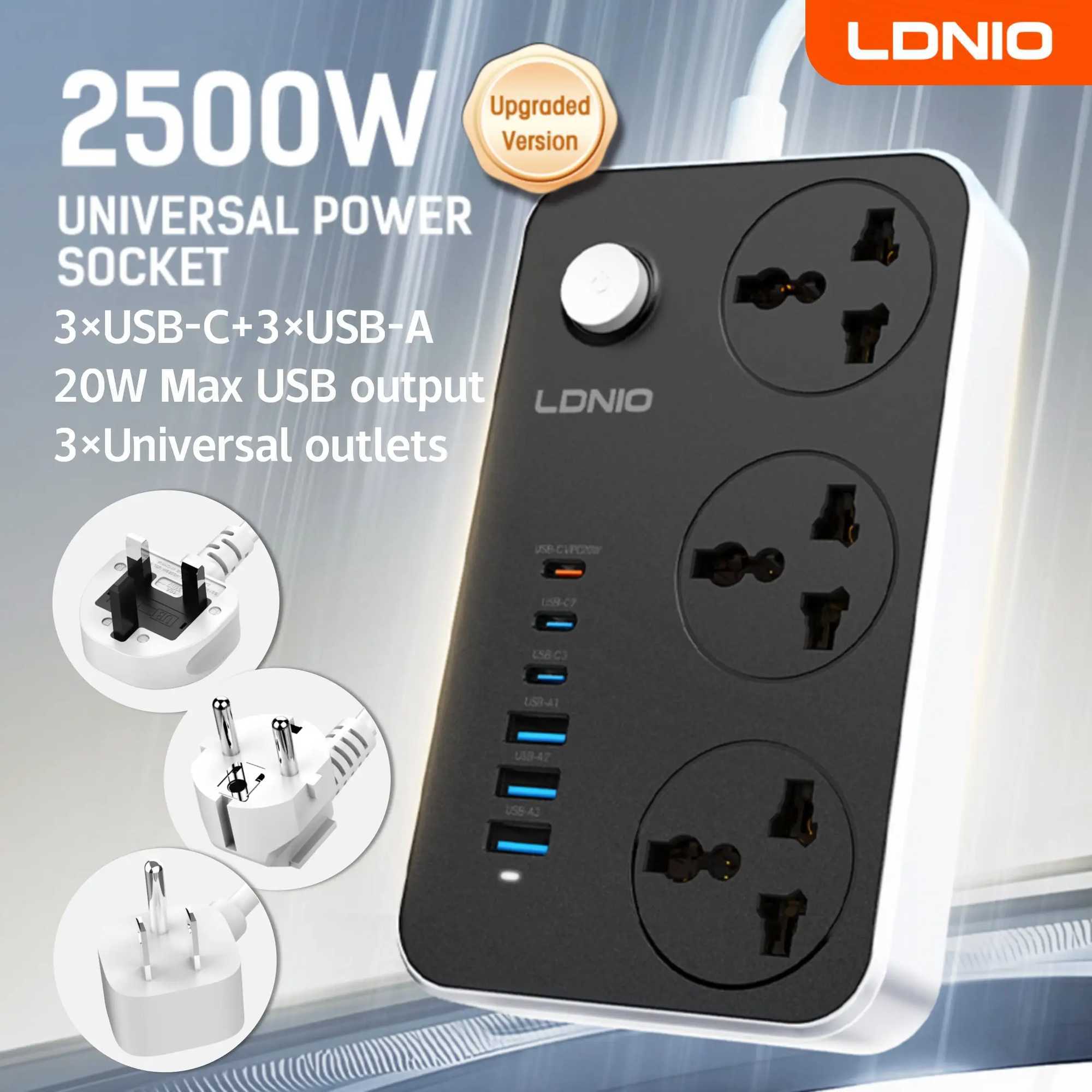 LDNIO Universal Power Strip TypeC 6 USB Port 3 Way AC Outlet 2M Extension Power Socket Charge Electrical Socket EU US UK Plug L260524N0DN-image-1076251453