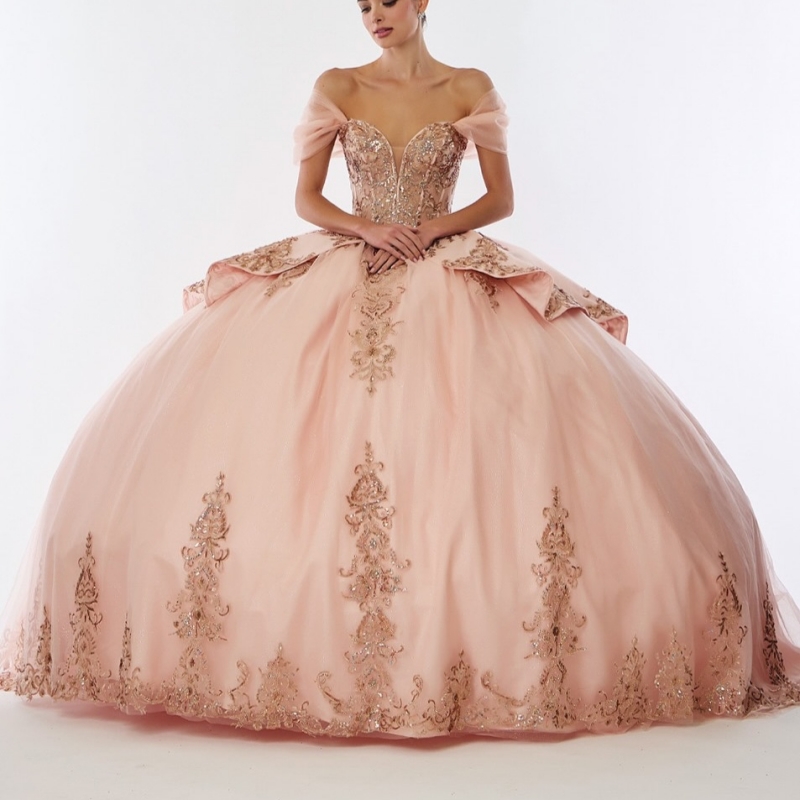 Pink Quinceanera Robes hors de l'épaule Gold Applique Applique de dentelle perle Tull Corset Party Birthday 16 Viens de robe Vestidos 15 de Anos