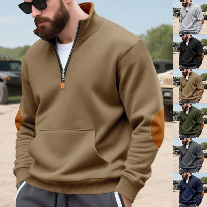 Sweat à capuche masculin 2025 Poultre en velours d'automne et d'hiver Couleur contrastée Patch à la glissière de grande taille