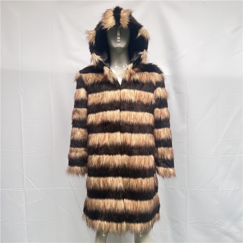 ZADORIN Autumn Winter Men Faux Fur Coat Hooded Fashion Leopard Plaid Pattern Long Windbreaker Fluffy Faux Fur Jacket Men Jackets 250920