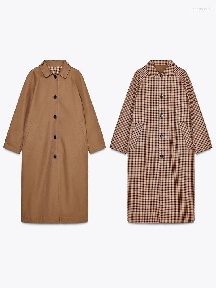Women's Jackets Plaid Overcoat Double Side Wearable Turn-down Collar Single Breasted Female Long Coats 2025 Autumn Fashion Lady Jacket