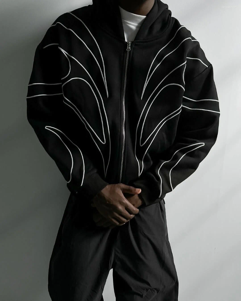 Men's Hoodies Street Classic Black Striped Patchwork Embroidered Super Large Hoodie High-end Fashion Simple Sports Outdoor Zipper Jacket