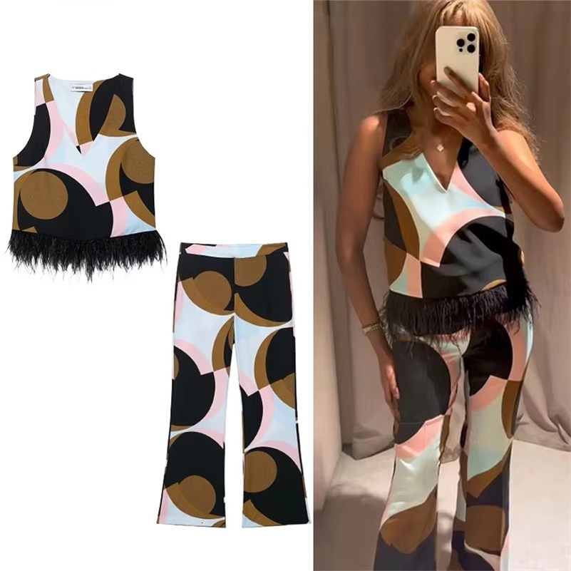 Ensembles de pantalons de gilet patchwork à imprimé géométrique pour femmes pour femmes 2 pièces décoration de plumes vneck tops tops costumes de