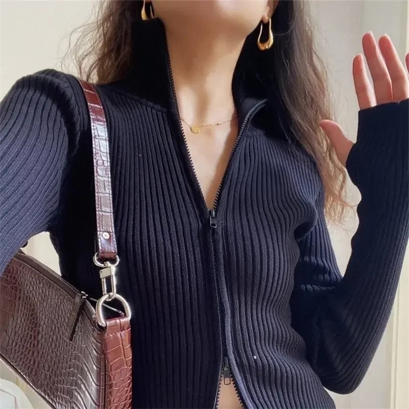 Autumn Womens Clothing Casual Cardigan Y2K Slim Knitted Sweater Zipper Lapel Top Vintage High Strecth Slim Pullovers 250920